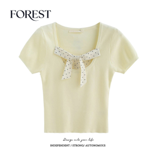 夏装 U领针织衫 新款 假两件波点蝴蝶结短袖 上衣 纯欲甜辣短款 拾野森