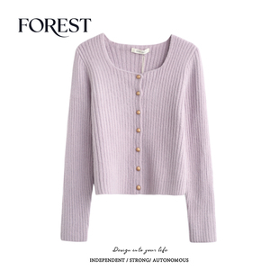 拾野森 秋装新款温柔慵懒风短款U领针织衫毛衣女开衫短外套小个子