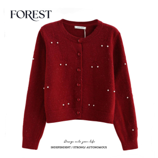 韩版 新款 新年短款 亮丝珍珠蝴蝶长袖 外套 拾野森 圆领毛衣开衫 冬装