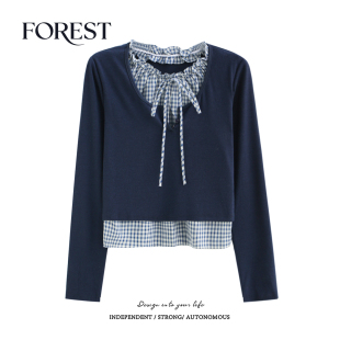 假两件格子木耳边系绳长袖 拾野森 韩系甜美短款 新款 T恤女上衣 春装