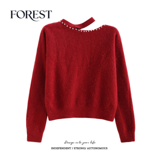 清仓 亮丝珍珠挂脖斜领长袖 2件5折 短款 套头毛衣上衣 不退不换