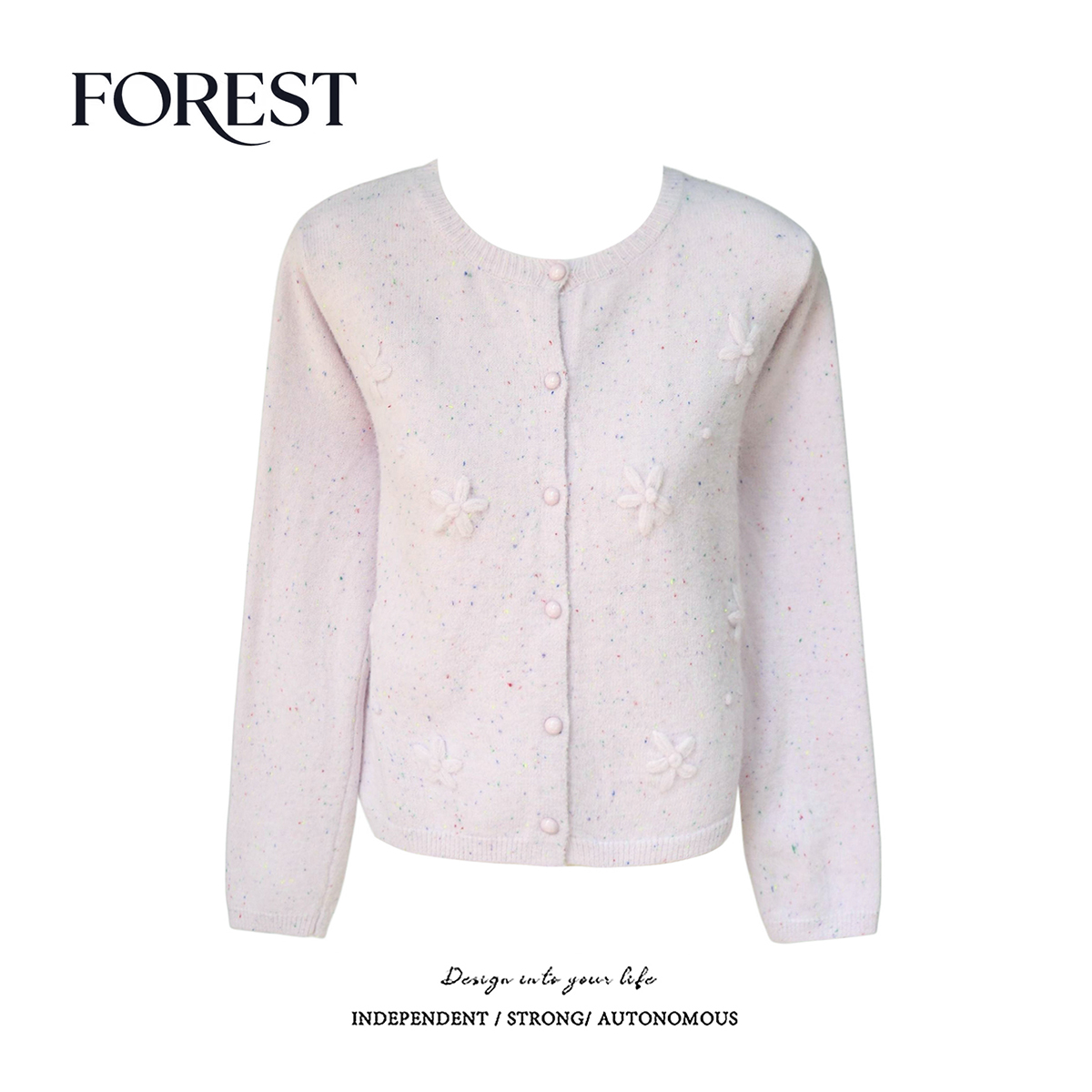 拾野森刺绣小花宝石扣毛衣开衫