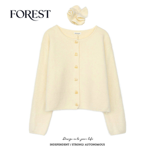 拾野森 冬装新款加厚韩系慵懒风短款爱心扣圆领毛衣开衫外套+头绳