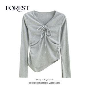 拾野森春装新款纯欲甜辣短款假两件不规则收褶系绳V领长袖T恤上衣