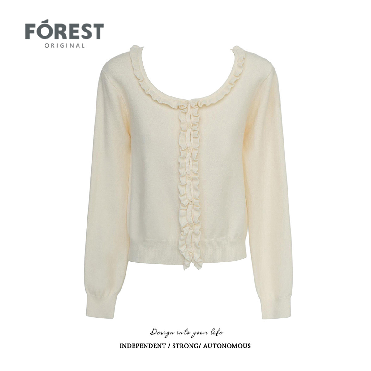 拾野森短款木耳边U领针织衫