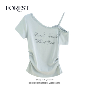 复古辣妹短款 拾野森 美式 新款 收褶印花蕾丝花边斜领吊带T恤 夏装