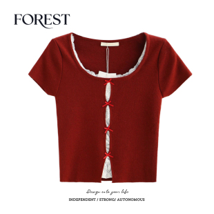 夏装 U领针织衫 新款 假两件蕾丝蝴蝶结短袖 上衣 纯欲甜辣短款 拾野森