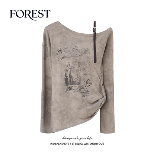 复古辣妹宽松印花侧扣斜领皮带吊带长袖 拾野森 美式 新款 上衣 秋装