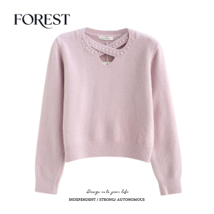 清仓 长袖 2件5折 款 珍珠交叉镂空小V领套头毛衣上衣 不退不换