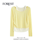 圆领露肩背心针织衫 拾野森 韩系假两件收褶长袖 新款 女上衣 春装