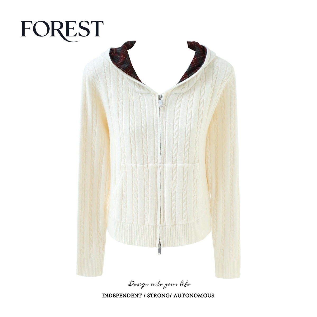 拾野森格子连帽毛衣开衫