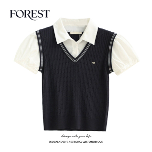 夏装 衬衫 新款 假两件V领针织背心泡泡袖 上衣女 学院风短款 拾野森