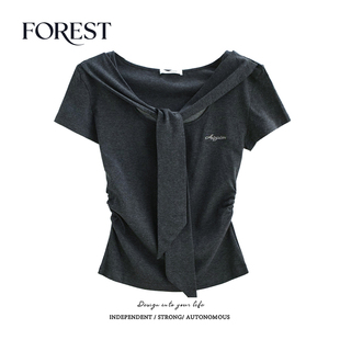 复古辣妹短款 拾野森 美式 新款 收褶假两件刺绣绑带U领上衣T恤 夏装