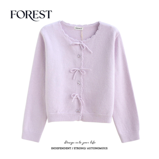 拾野森 冬装新款韩系加厚亮丝蝴蝶结扣手钩花边圆领毛衣开衫外套