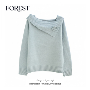 拾野森 冬装新款韩版温柔花朵手钩花边荷叶领长袖套头毛衣上衣