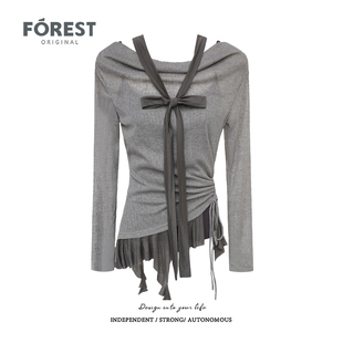 拾野森秋装新款美式复古辣妹吊带背心长袖荷叶边蝴蝶结上衣两件套