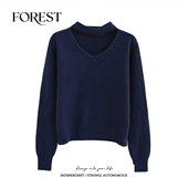 韩系宽松珍珠V领挂脖长袖 不退不换 2件5折 套头毛衣上衣 清仓