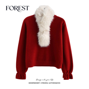 清仓 特色圆领长袖 2件5折 厚褶皱袖 毛领套头毛衣上衣 不退不换