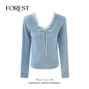 【清仓 2件5折 不退不换】院风短款麻花木耳边V领系绳针织衫上衣