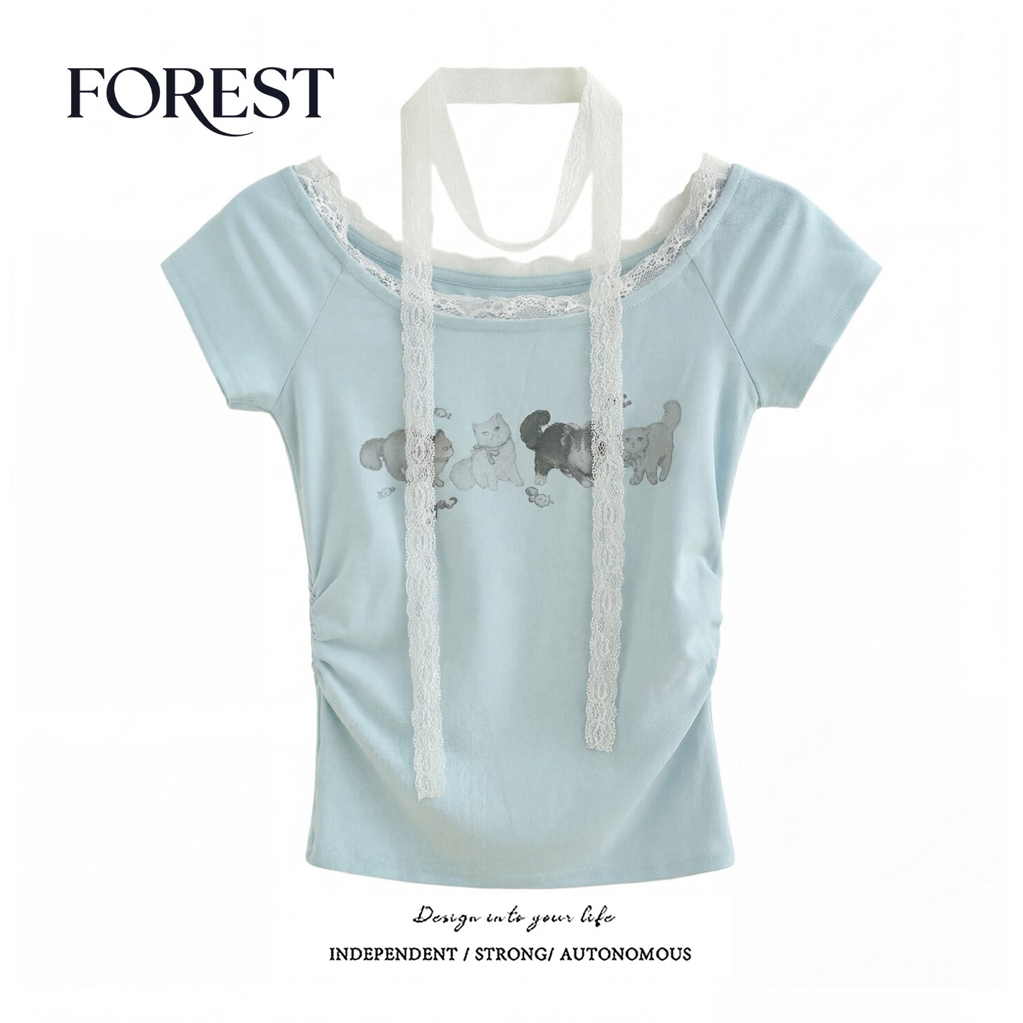 拾野森 夏装新款bm风纯欲短款猫咪印花蕾丝花边围脖短袖T恤上衣