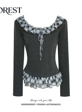 【清仓 2件5折 不退不换】格荷叶边系绳长袖圆领T恤女上衣打底衫