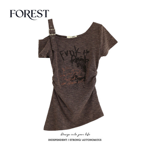 拾野森短款收褶印花露肩上衣