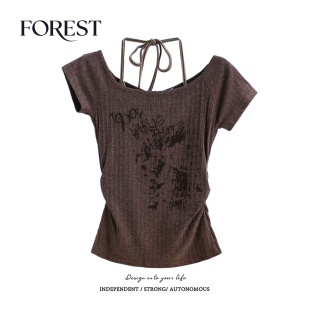 夏装 假两件收褶印花挂脖短袖 新款 复古辣妹短款 上衣T恤 美式 拾野森