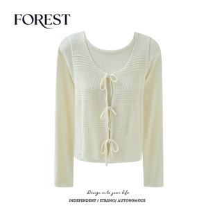 【清仓 2件5折 不退不换】短款系绳提花背心长袖针织衫上衣两件套