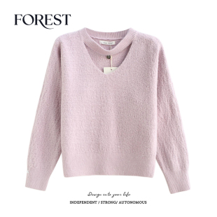 亮片长袖 拾野森 韩系新年短款 新款 镂空挂脖V领套头毛衣上衣 冬装