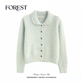 娃娃领毛衣开衫 拾野森 外套 韩系短款 水貂毛花朵扣长袖 冬装 新款