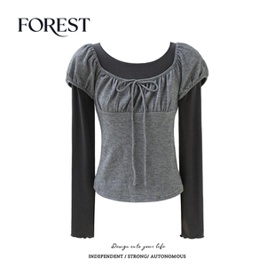 清仓 假两件长袖 2件5折 清新短款 圆领系绳T恤女上衣 不退不换