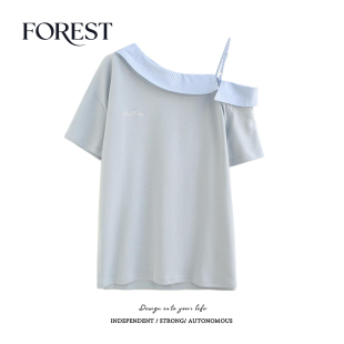 宽松刺绣格子荷叶边斜领吊带短袖 拾野森 韩版 新款 T恤女上衣 夏装