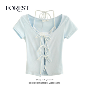 假两件格子挂脖蝴蝶结短袖 拾野森 纯欲甜辣短款 新款 T恤女上衣 夏装