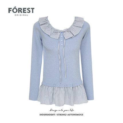 【清仓 2件5折 不退不换】风格子裙摆荷叶领蝴蝶结长袖针织衫上衣