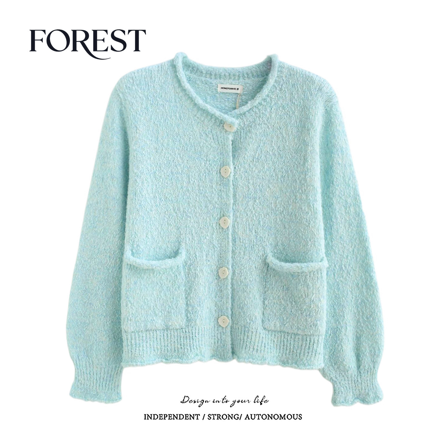 拾野森 冬装新款韩系高定特种纱卷边口袋长袖圆领毛衣开衫外套,女装/女士精品,毛衣,淘宝优惠券,粉丝福利购,淘宝优惠卷