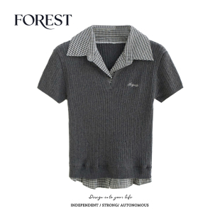 衬衫 拾野森 韩系学院风假两件麻花刺绣针织格子短袖 新款 上衣 夏装