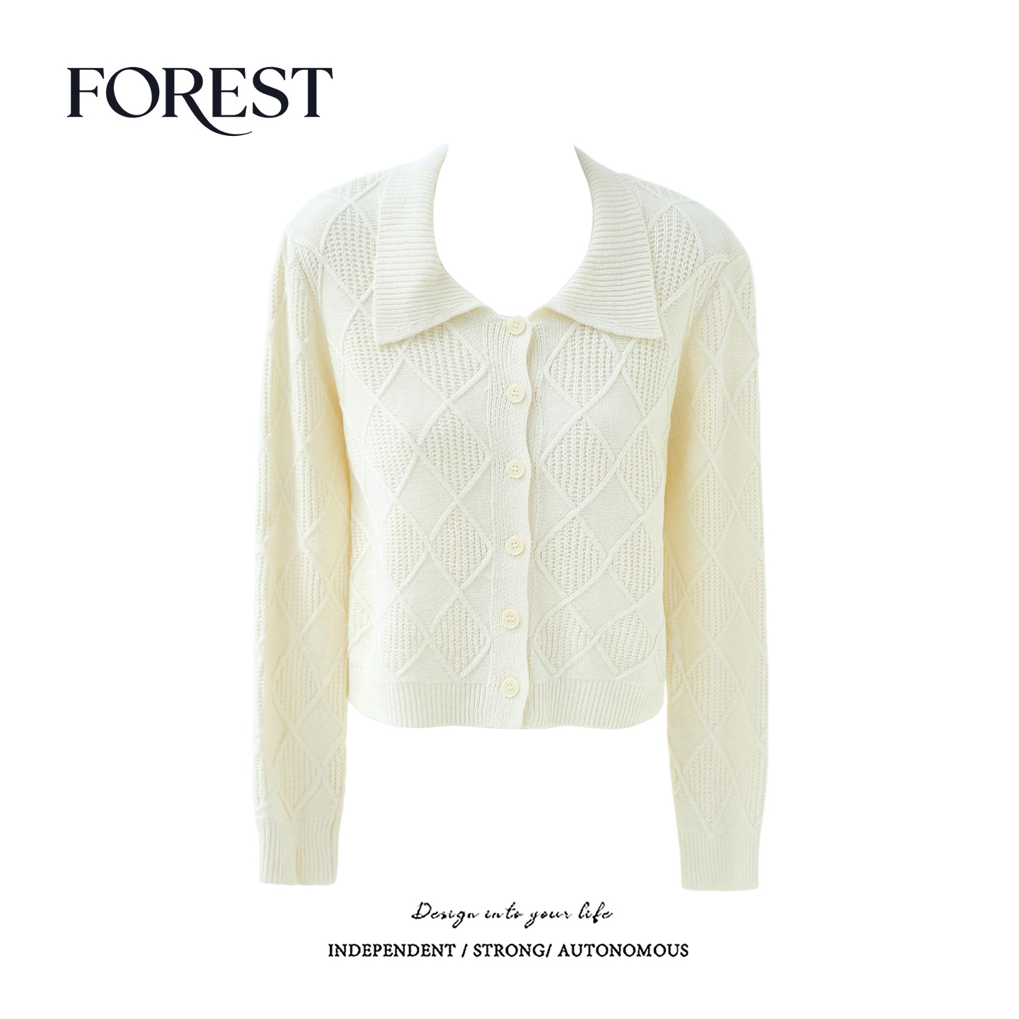 拾野森短款菱格长袖针织衫毛衣