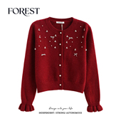 冬装 圆领毛衣开衫 新款 亮丝蝴蝶结珍珠长袖 外套 新年短款 拾野森