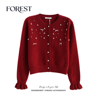 冬装 圆领毛衣开衫 新款 亮丝蝴蝶结珍珠长袖 外套 新年短款 拾野森