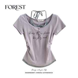 夏装 收褶假两件印花挂脖短袖 新款 复古辣妹短款 上衣T恤 美式 拾野森