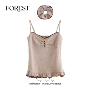 夏装 格子木耳边蕾丝花边吊带背心 新款 小众短款 头花 法式 拾野森