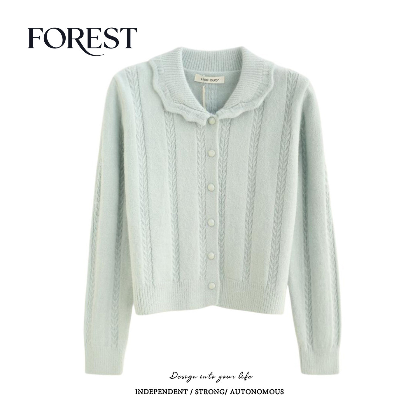 拾野森 冬装新款韩版短款麻花手钩花边娃娃领长袖毛衣开衫外套