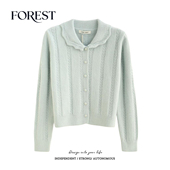 韩版 新款 短款 麻花手钩花边娃娃领长袖 外套 拾野森 毛衣开衫 冬装