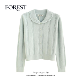 拾野森 冬装新款韩版短款麻花手钩花边娃娃领长袖毛衣开衫外套