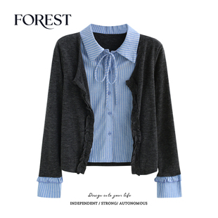 拾野森 春装新款韩系甜美短款假两件木耳边长袖条纹系绳衬衫上衣