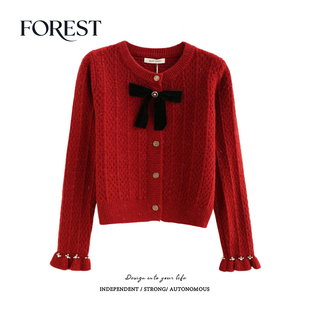 拾野森 冬装新款韩系短款亮丝蝴蝶结珍珠长袖圆领毛衣开衫外套