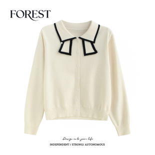 春装 上衣开衫 新款 针织衫 韩系学院风蝴蝶结翻领长袖 拾野森