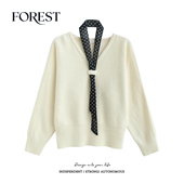 拾野森 V领套头毛衣上衣 韩系温柔波点领带长袖 冬装 新款