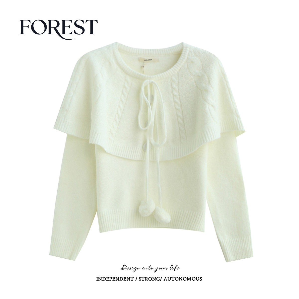 拾野森 冬装新款韩版温柔麻花荷叶领系绳毛球长袖套头毛衣上衣