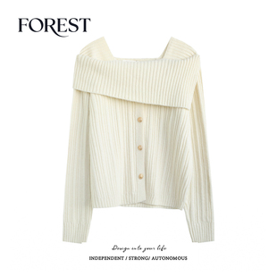 拾野森 冬装新款温柔慵懒风纯欲短款设计感一字领针织衫毛衣上衣